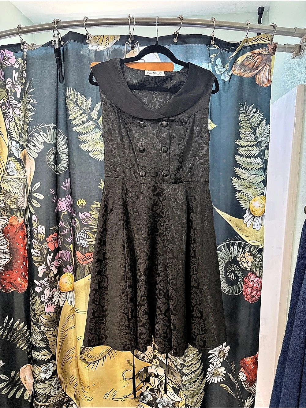 Orchid Bloom Black Brocade Gothic Swing Dress